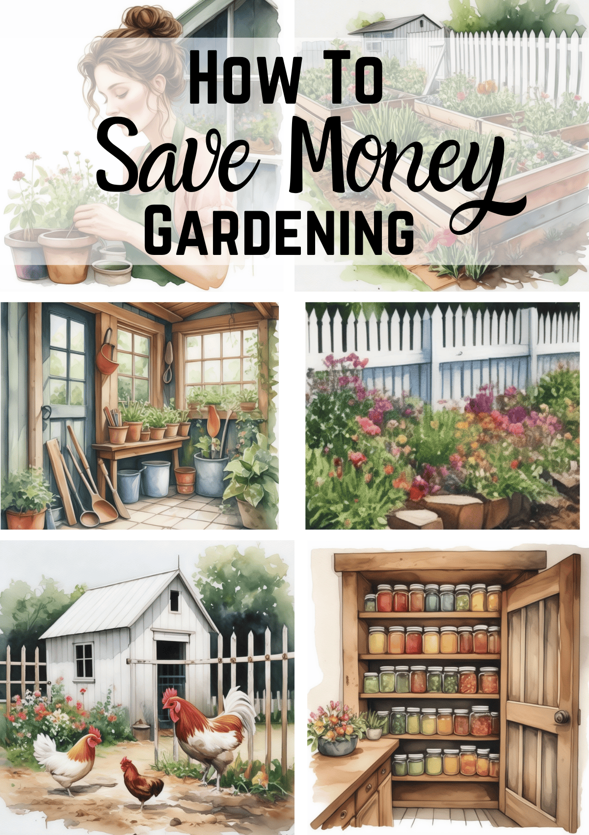 save money gardening text and pics of canning, chickens, garden shed tools, planting seeds in used containers, raised beds, 