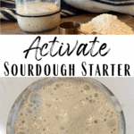 sourdough starter bubbly (bottom) and just fed starter in jar with flour on cutting board. With text