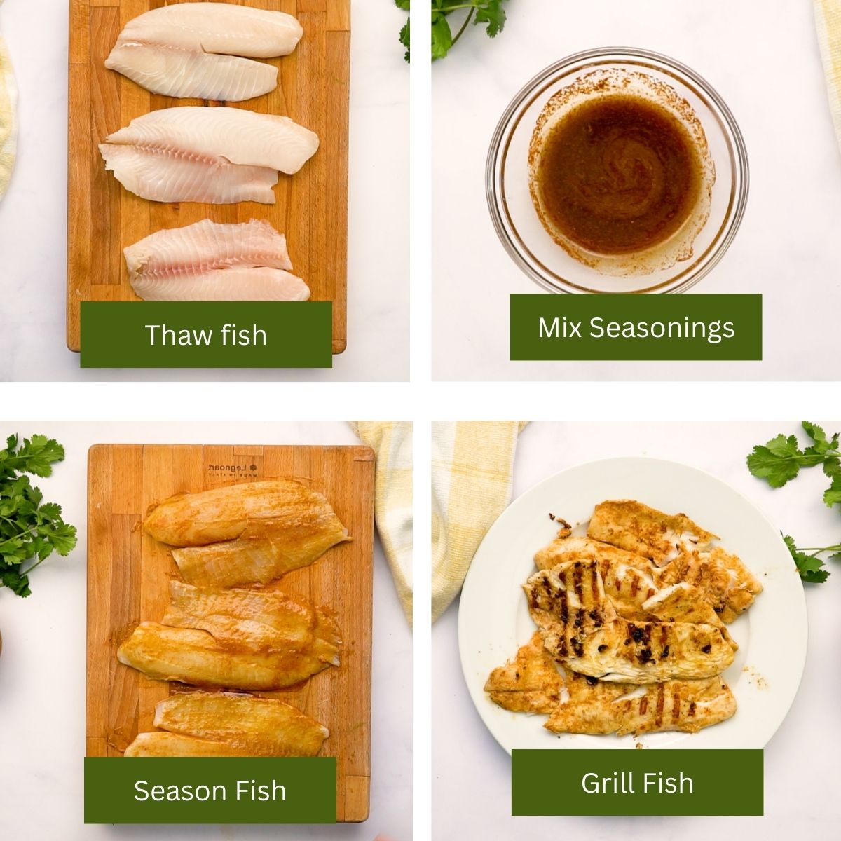 making grilled fish tacos mixed seasonings in bowl, raw fish, seasoned fish, and grilled fish