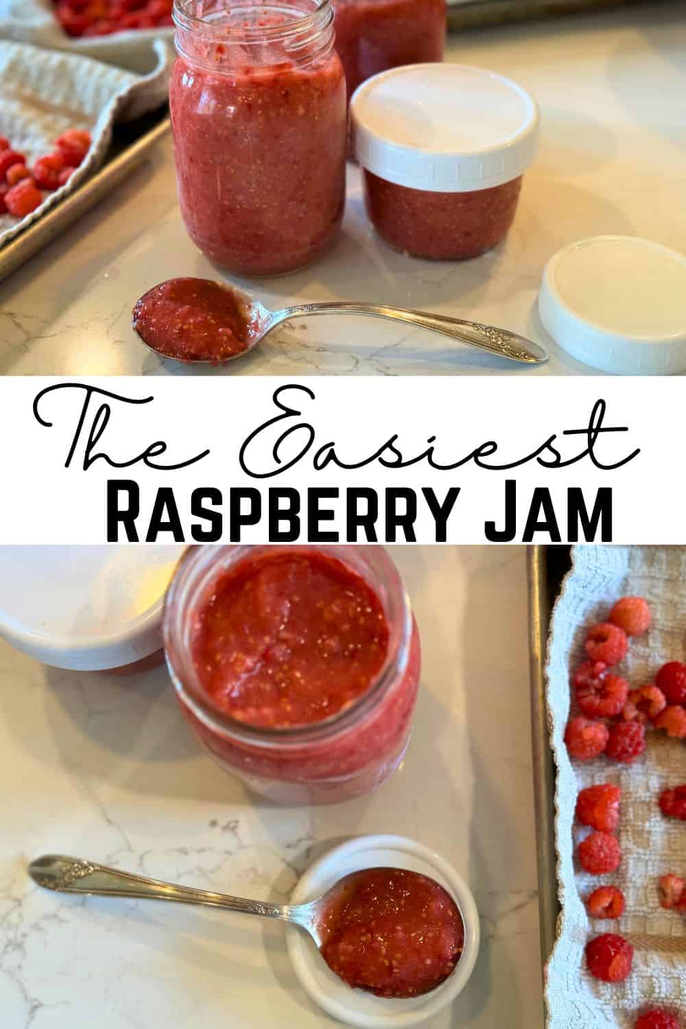 raspberry jam on spoon and in mason jar with text