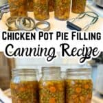 7 quart jars of pressure canned chicken pot pie filling finished with text