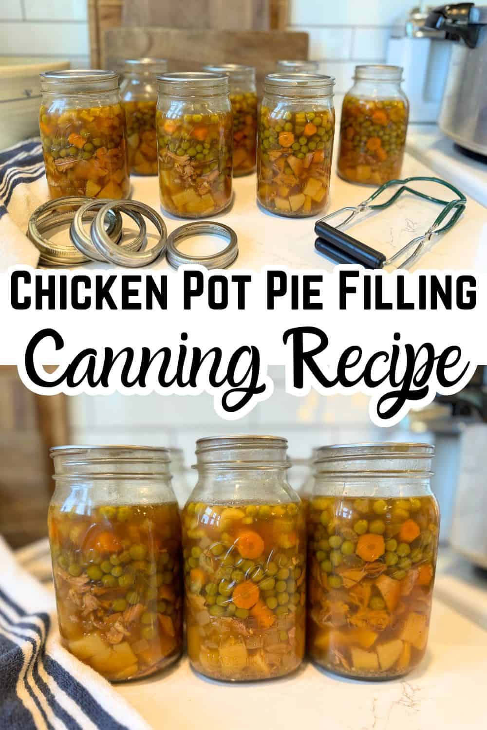 7 quart jars of pressure canned chicken pot pie filling finished with text