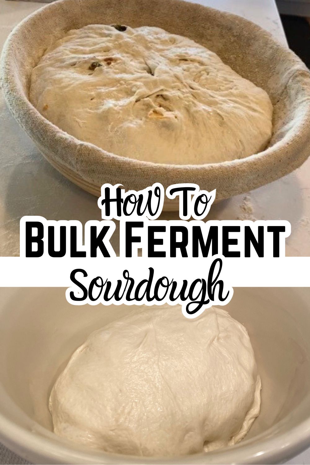 sourdough bread dough that is bulk fermenting in a banneton basket and in a mixing bowl with text