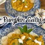 pumpkin curry on blue plate garnished with pumpkin seeds and cream. With text