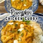 pumpkin curry plated with rice, pumpkin seeds and cream. With text