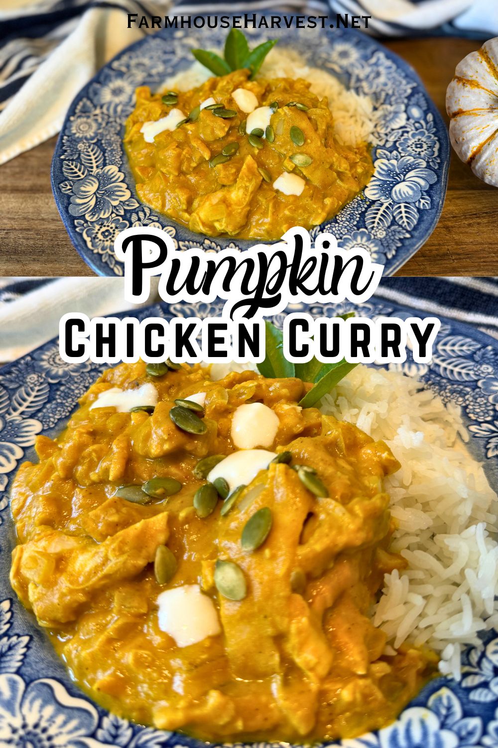 pumpkin curry plated with rice, pumpkin seeds and cream. With text