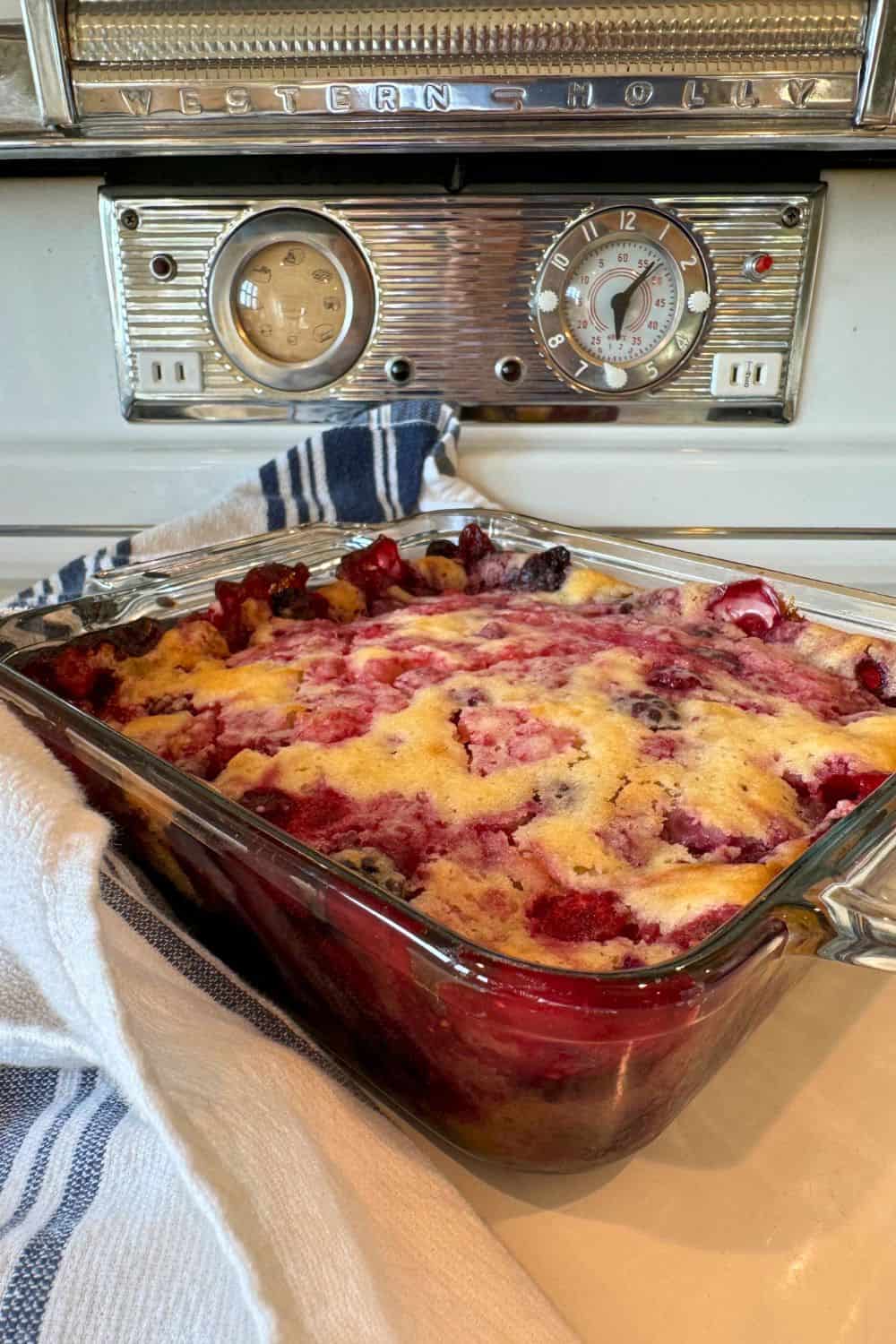 letting blackberry cobbler cool on stove top