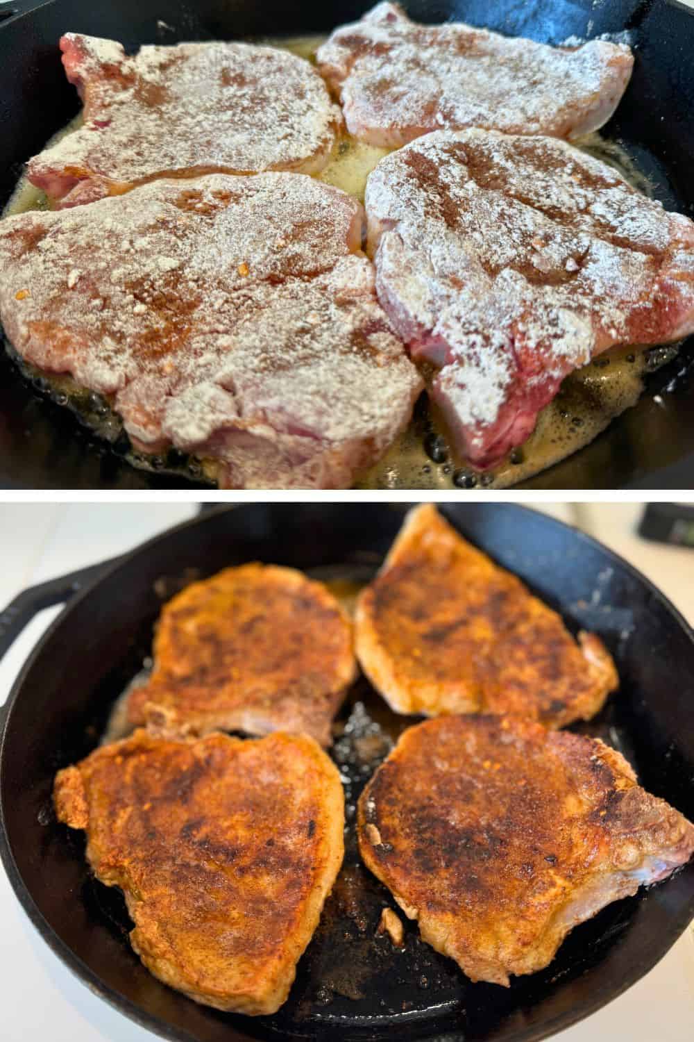 2 pictures (1 one each side of meat) searing seasoned and dredged meat from this recipe in cast iron skillet 