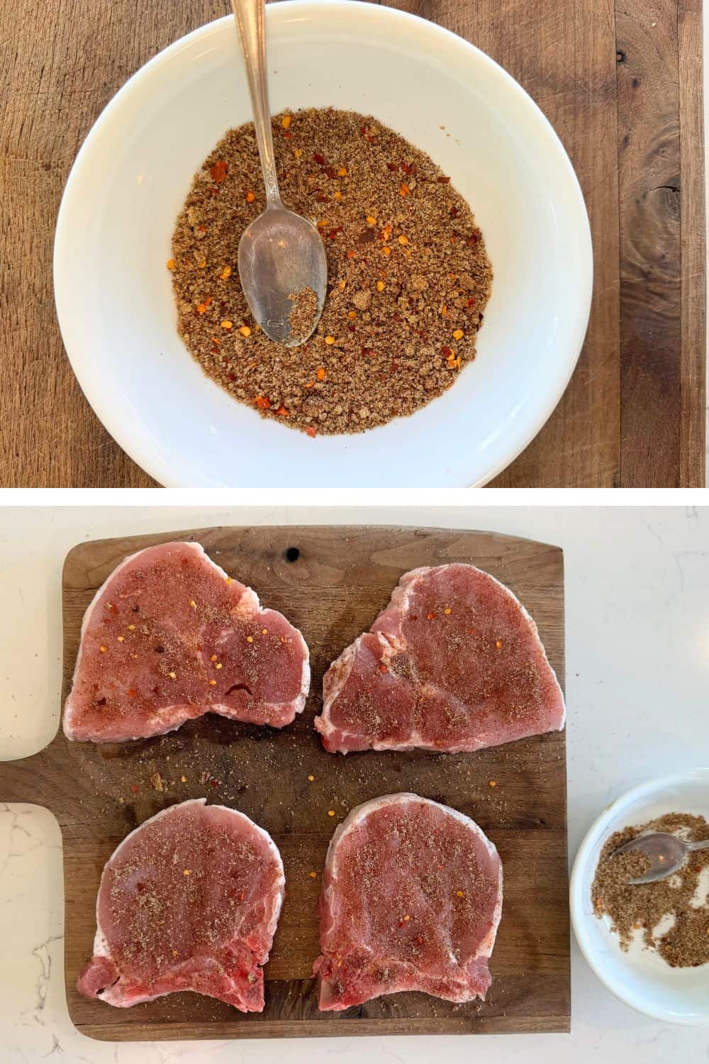 mix seasonings in a small bowl then seasoned pork chops on cutting board