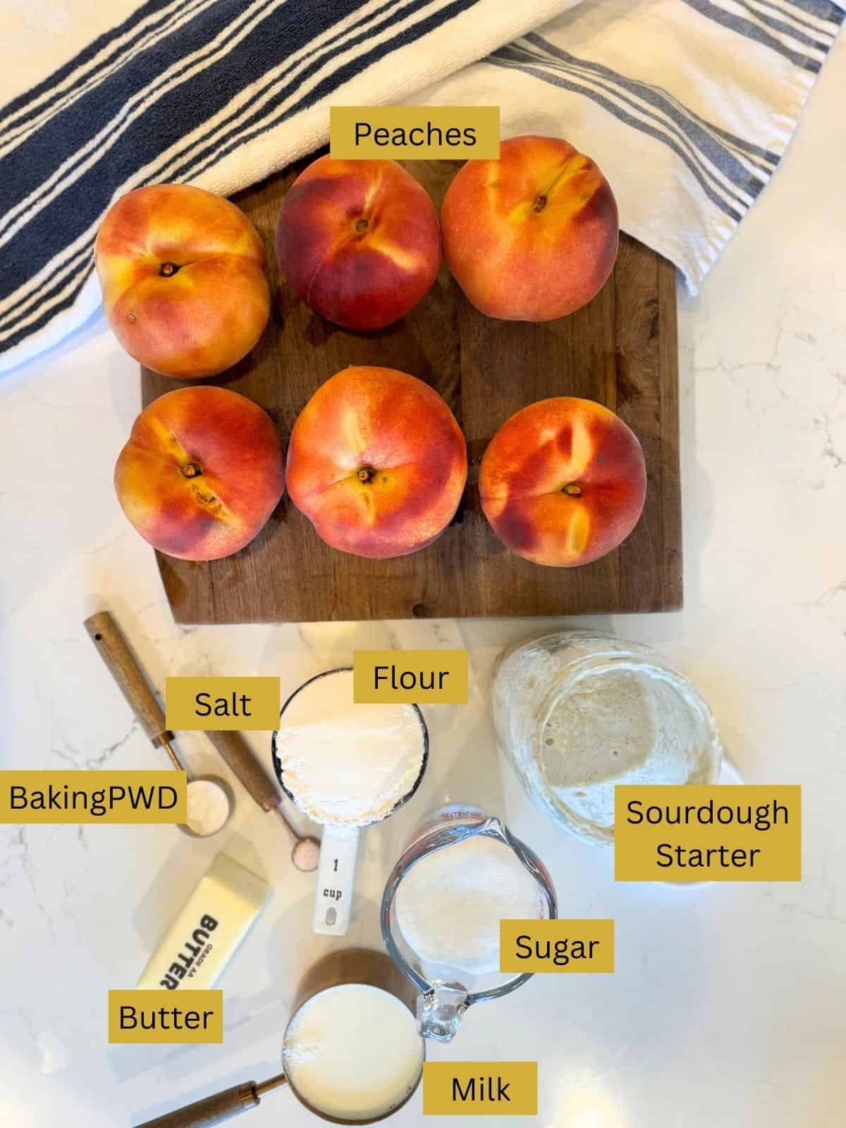 sourdough peach cobbler ingredients 6 peaches, 12 cup sourdough starter, 1 cup milk, 1 cup flour, 1 cup sugar, 12 cup melted butter, 1 teaspoon baking powder, 14 teaspoon salt