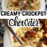 Crockpot fall meals - creamy fish chowder with text and enlarged to show texture