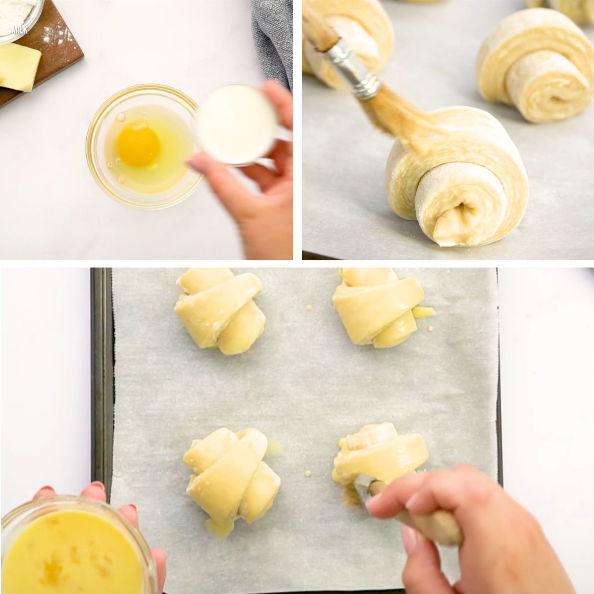 In a small bowl beat egg wash ingredients together with a fork egg, and milk. Use a pastry brush and apply the egg wash to tops of the croissants. Bake in preheated oven at 400 degrees F for 20-25 mins