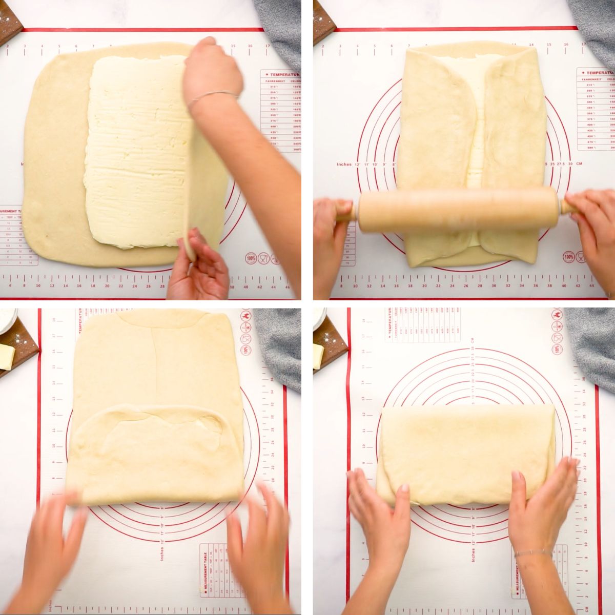 Remove butter from the fridge, put it in the center of the 10x14 inch dough rectangle, and fold sides of dough over butter layer. roll dough with butter layer inside into a 10x20 inch rectangle.