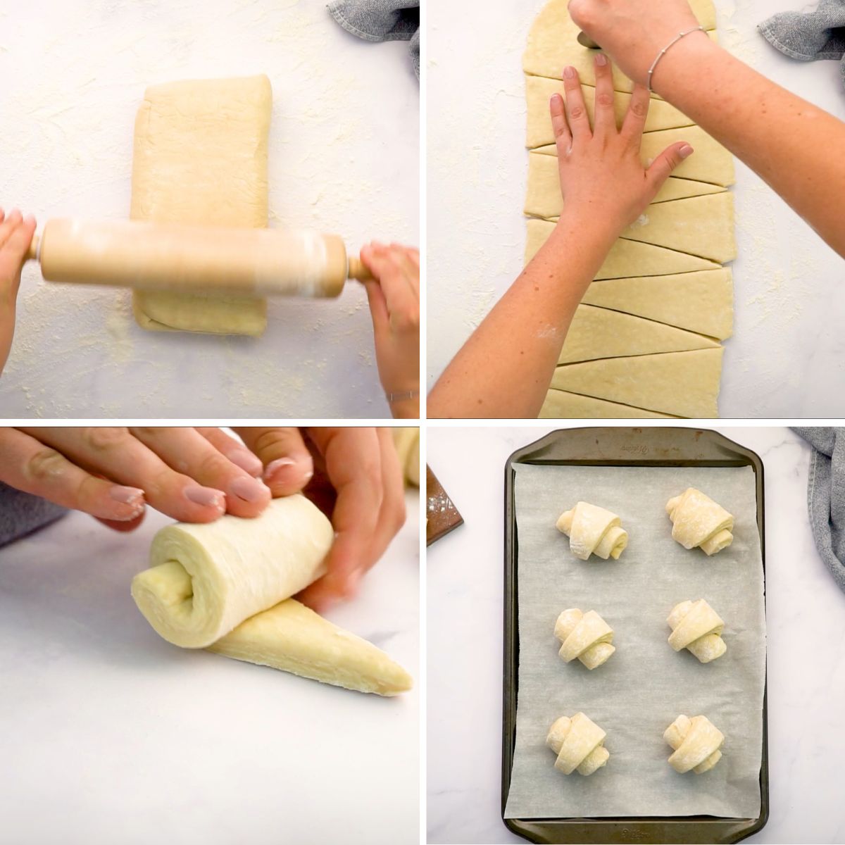 Roll out the dough into an 8x20-inch rectangle. Cut the dough into triangles. Roll up each triangle into a crescent shape.