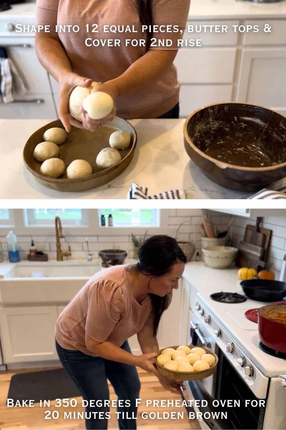 Shape into 12 equal pieces, butter tops, and cover for 2nd rise. Then bake in preheated oven at 350 degrees F for 20 minutes till golden brown