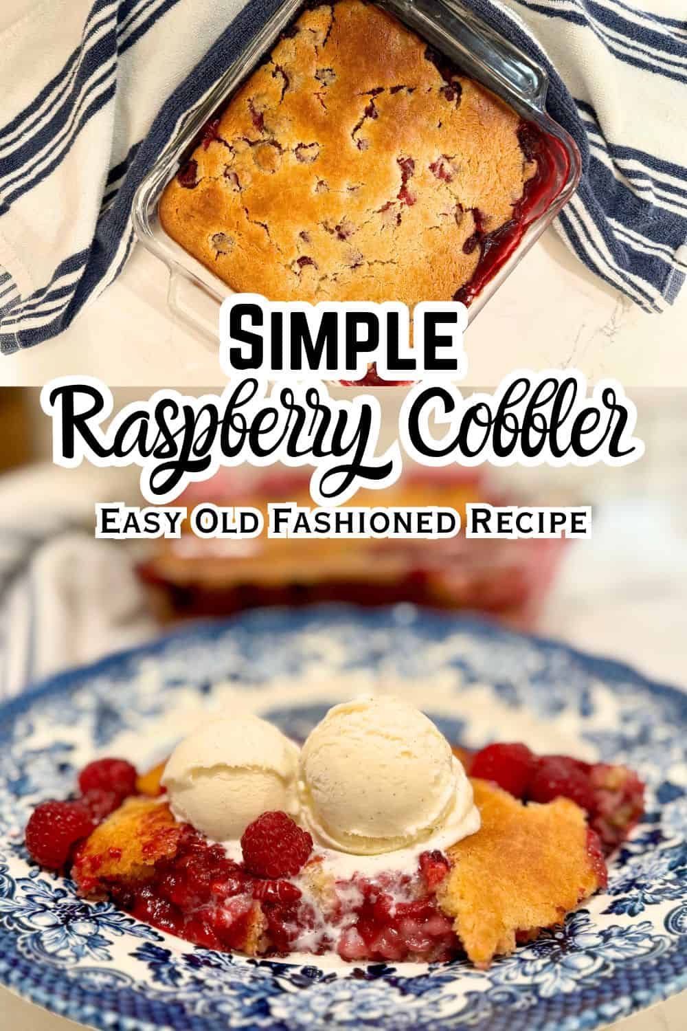 raspberry cobbler with vanilla ice cream on top on a blue plate with text