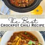 crockpot full of chili. Bowl of crockpot chili with spoonful to show texture. With text