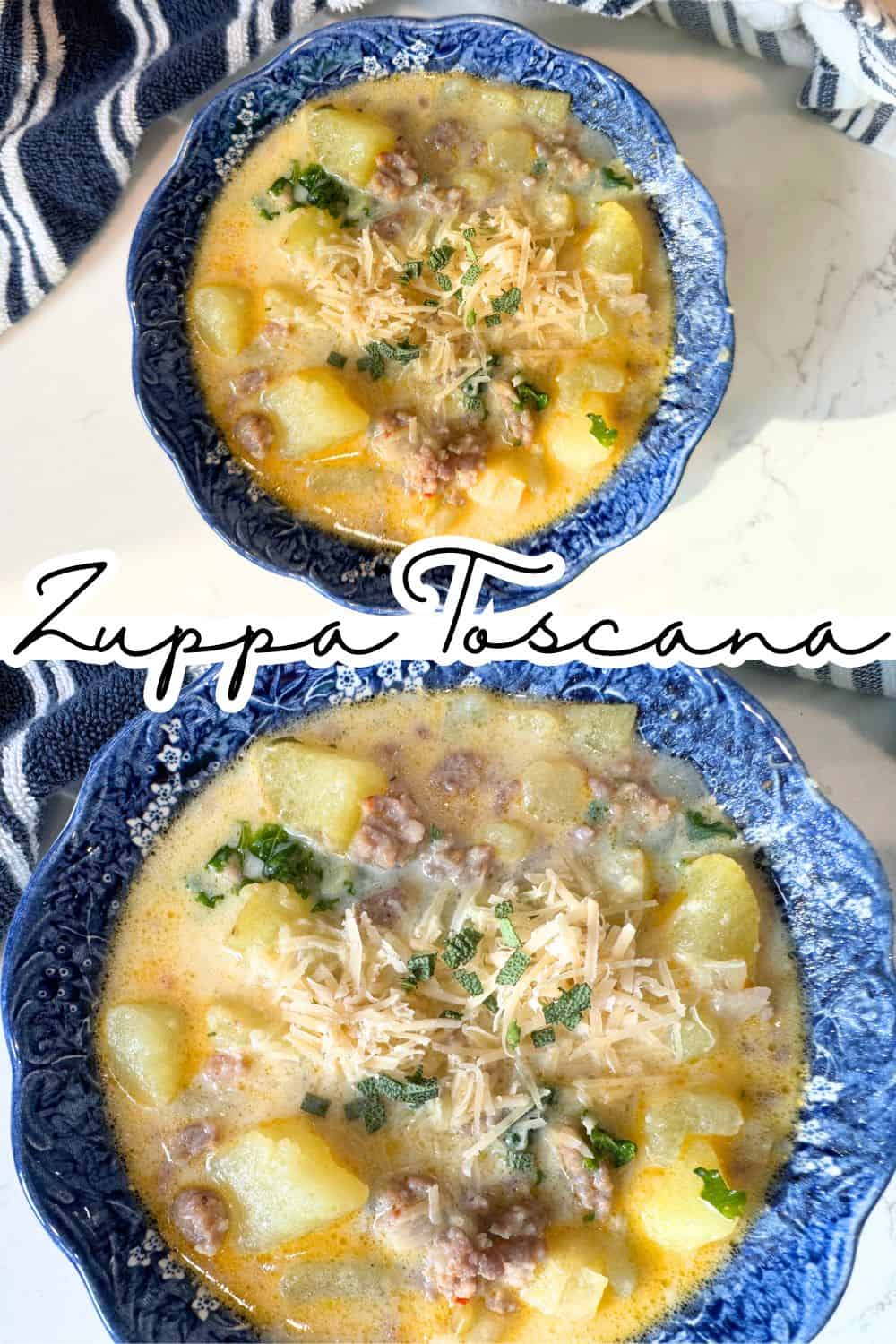 a blue bowl of zuppa toscana with text