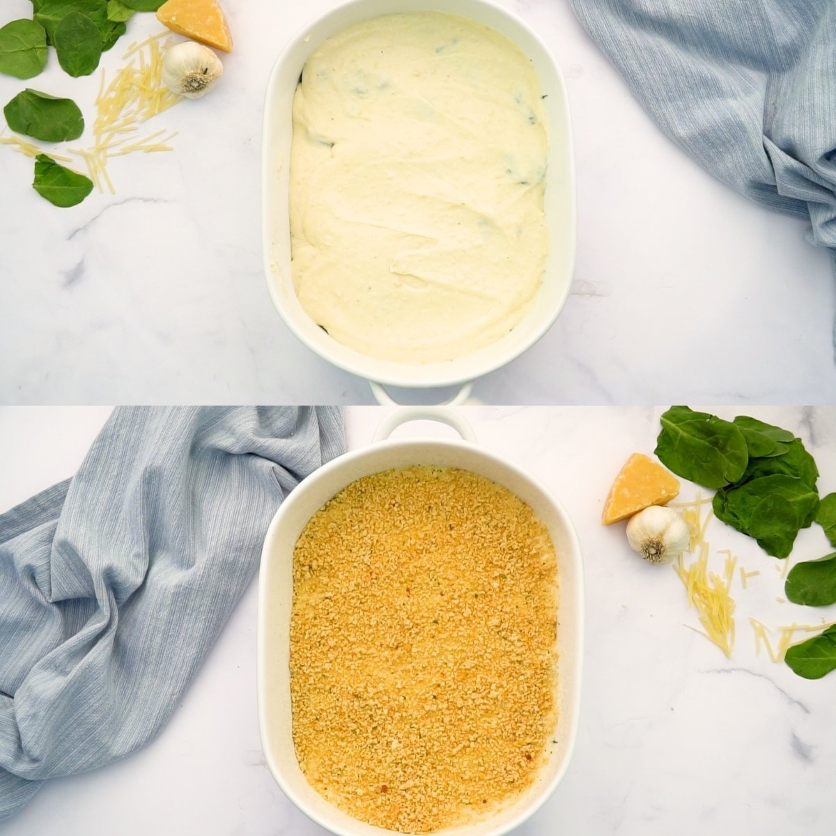 assembling Creamed Spinach Gratin Recipe with parmesan and garlic