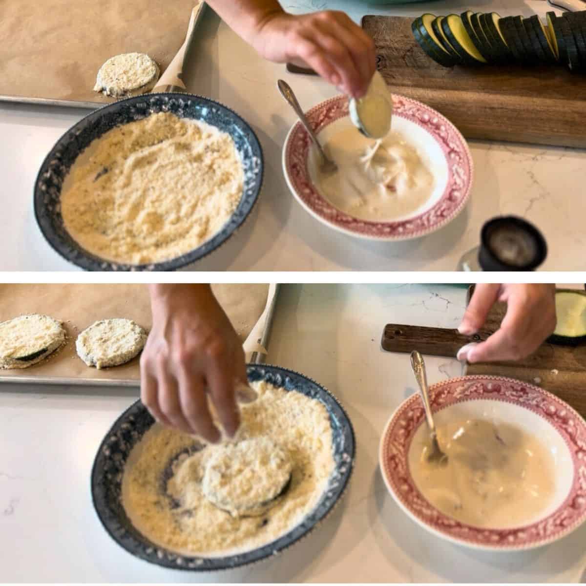 dredging zucchini into sourdough starter, then into the parmesan cheese black pepper mixture, and putting them on parchment lined baking sheet