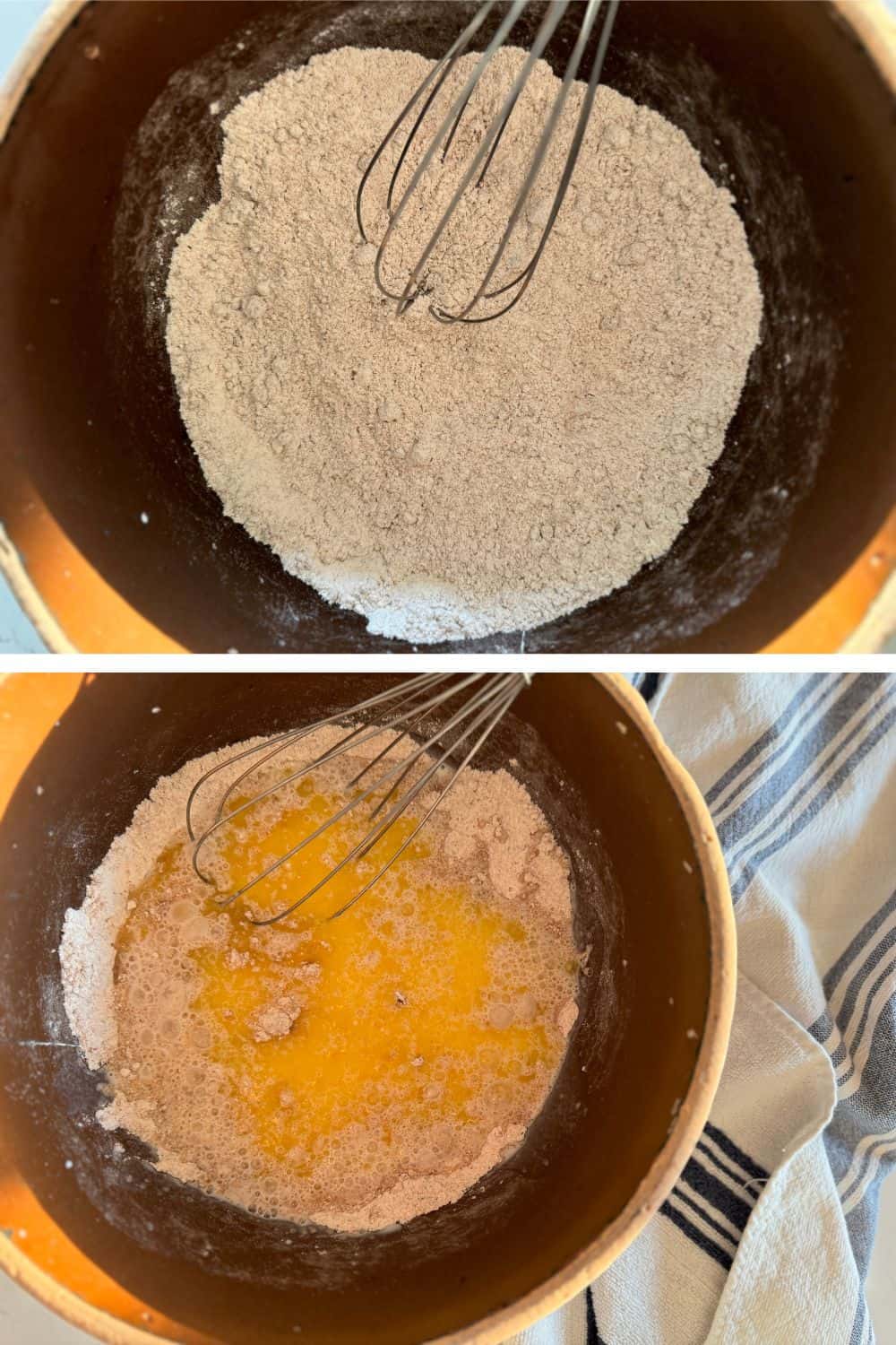 dry ingredients in large mixing bowl, then a pic adding the wet ingredients to the dry ingredients in the mixing bowl