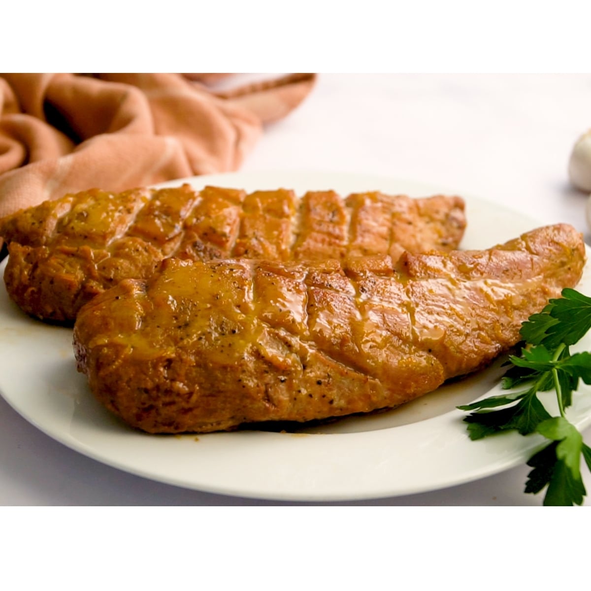 gorgeous Honey-Dijon Glazed Pork Loin on a platter