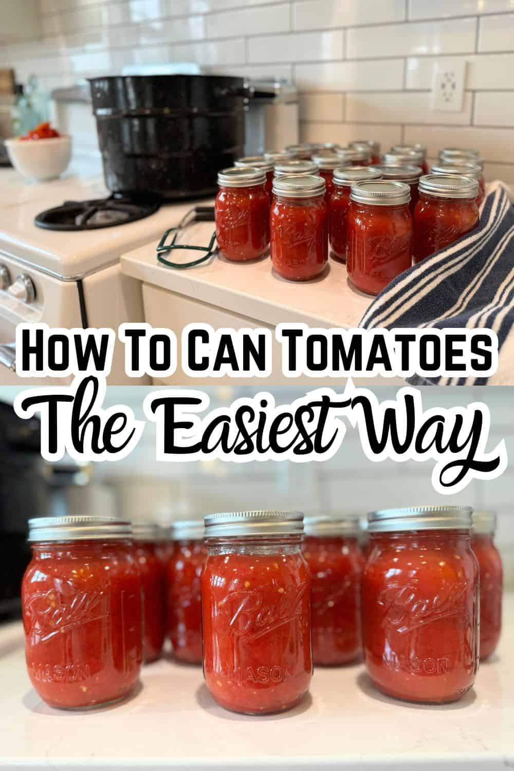 canned tomatoes in jars on counter by water bath canner with text