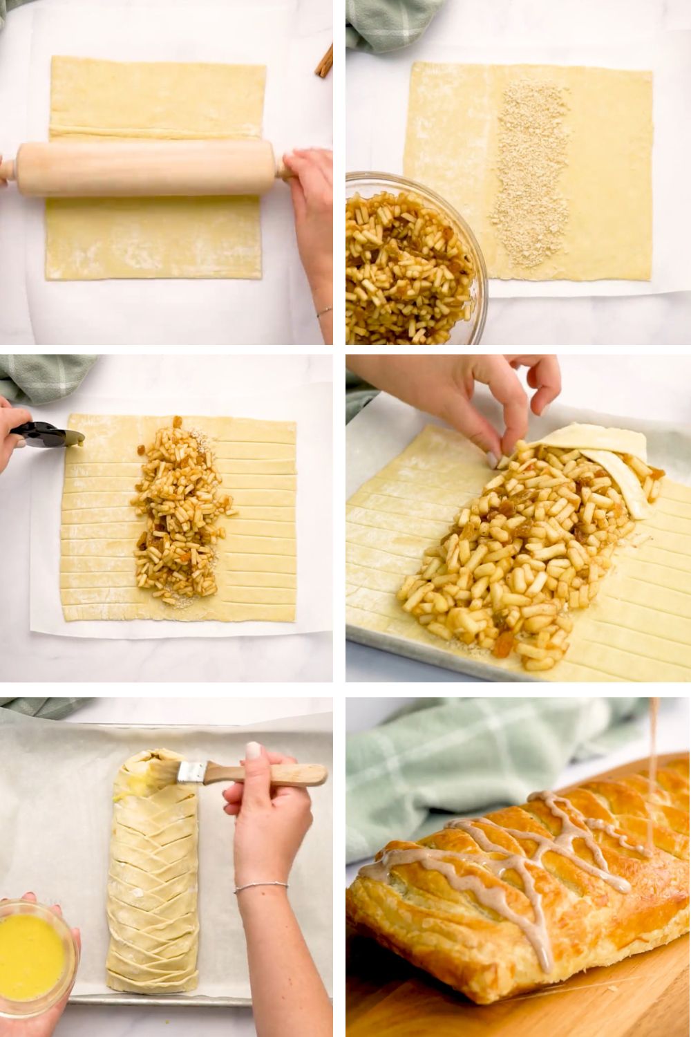 how to make apple strudel prep dough, fill, slice edges, fold dough over, egg wash, bake cool and glaze