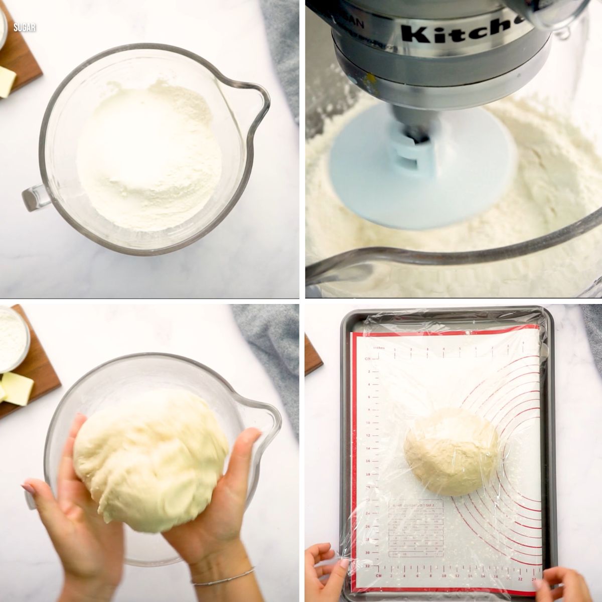 how to make croissants mix dough ingredients in bowl, form dough into ball, cover with plastic wrap and refrigerate on baking mat