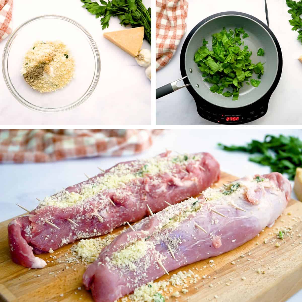 how to make stuffed pork loin make stuffing combine stuffing ingredients and wilt spinach, slice pork loin, stuff it and use tooth pick to close.