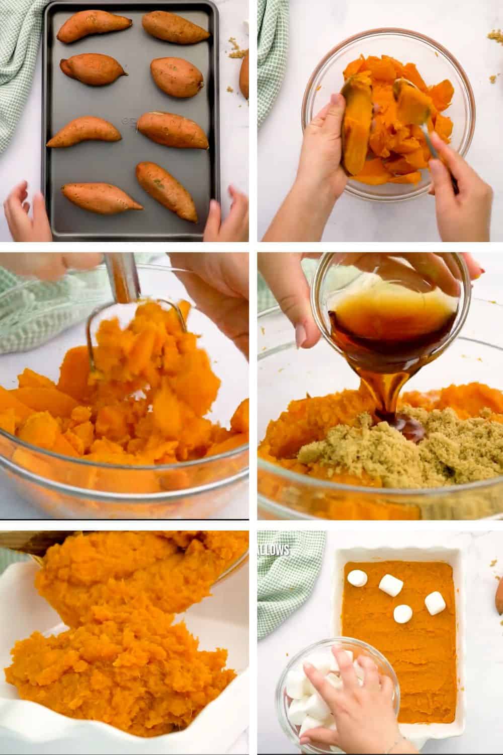 how to make sweet potato casserole bake potatoes, scoop out centers, mash, add butter, sugar, salt, and maple syrup, stir. Pour in pan, top with marshmallows. Bake till golden