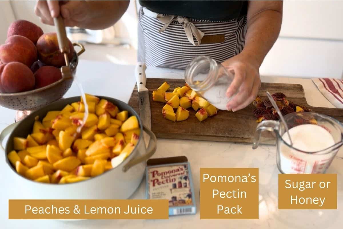 ingredinets: peaches and lemon juice, pomona's pectin box and sugar