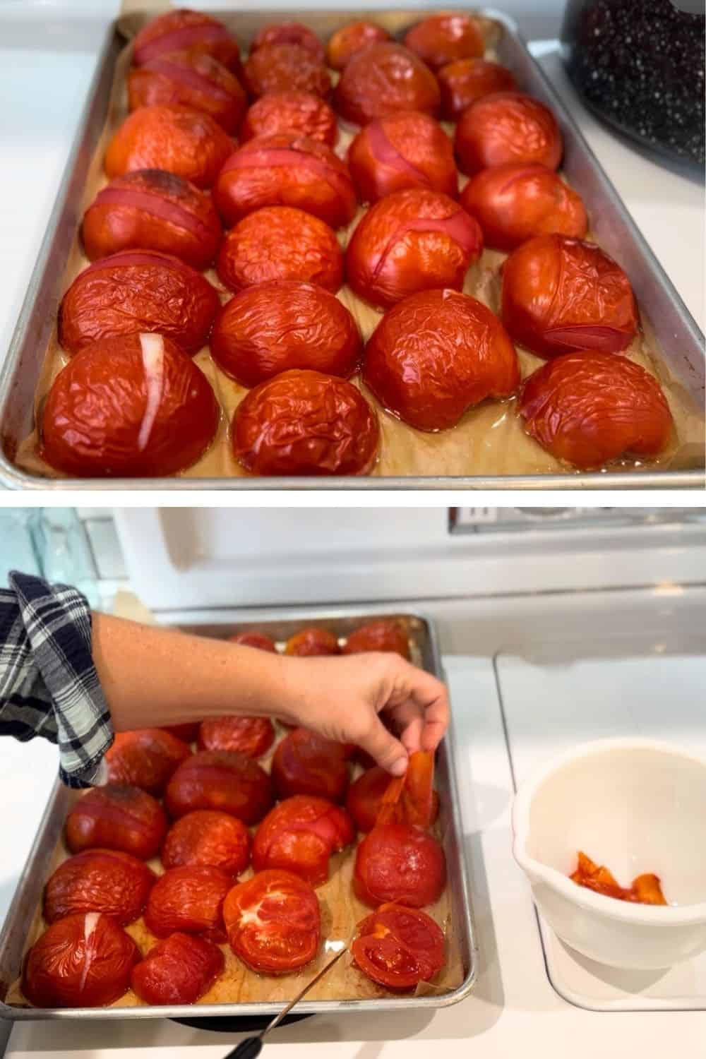 roast tomatoes till skins wrinkle and slip the skins off