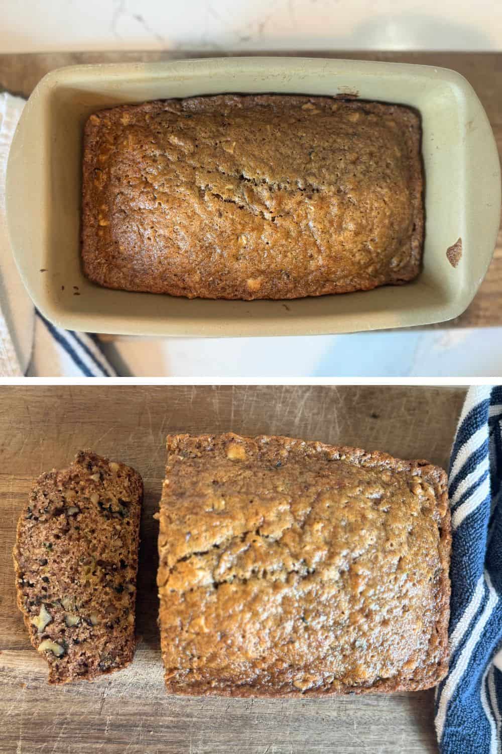 sourdough zucchini bread after baked in loaf pan and sliced on cutting board with blue and white towel