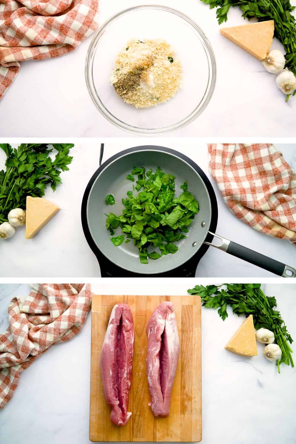 stuffed pork loin ingredients pork loin, spinach, parmesan cheese, salt, pepper, bread crumbs,