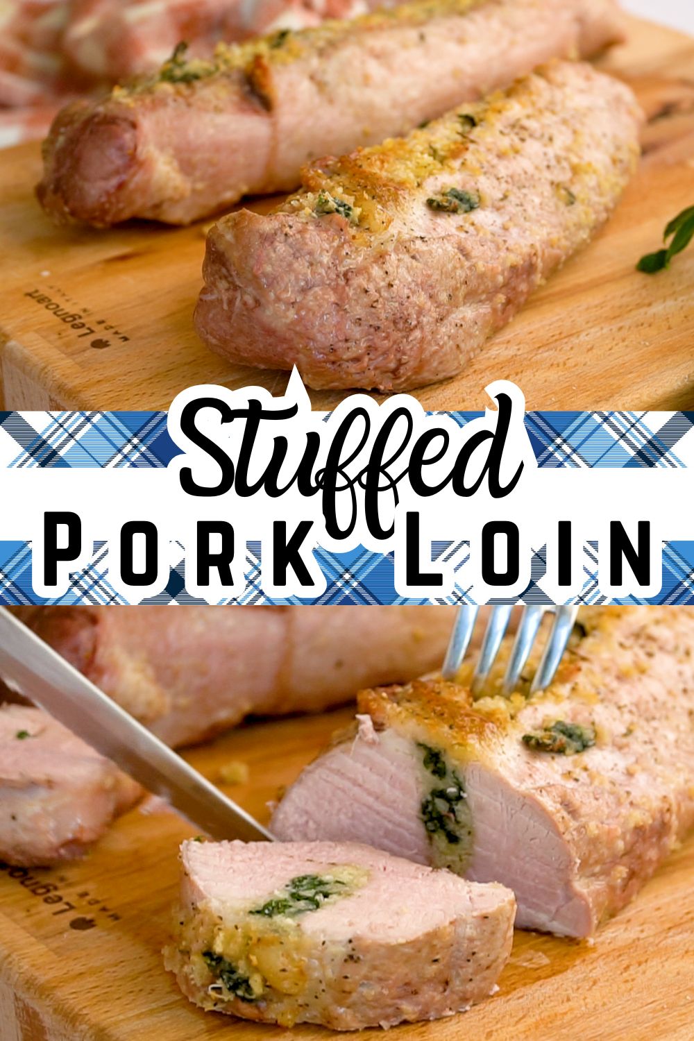 stuffed pork loin on cutting board with text