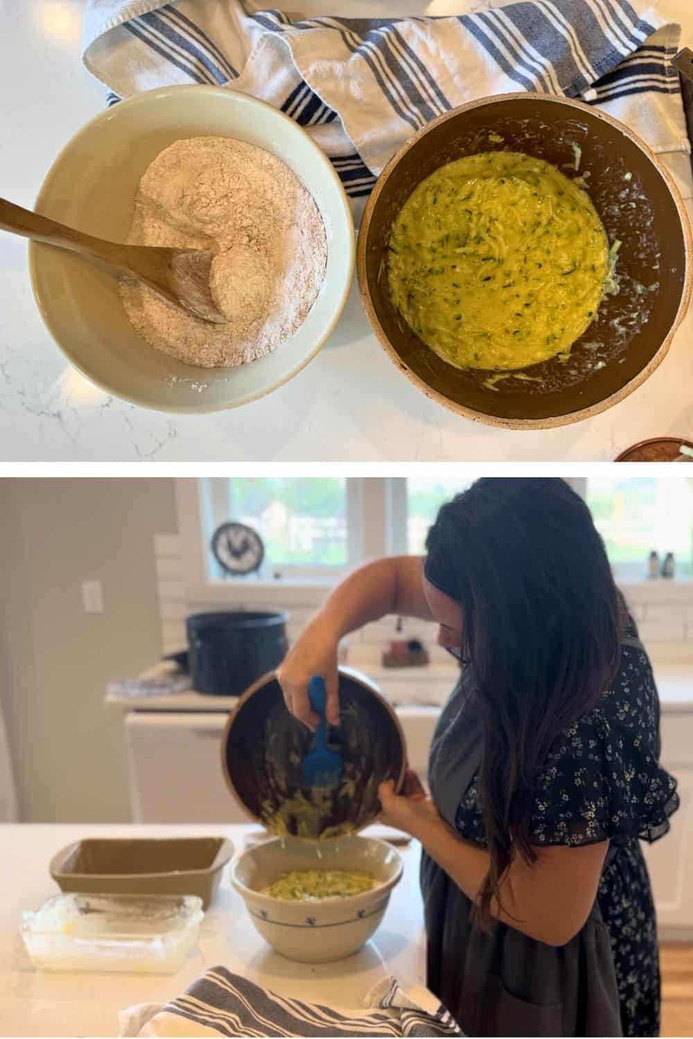 wet and dry ingredients in a seperate bowl and pouring wet ingredients into mixed dry ingredients