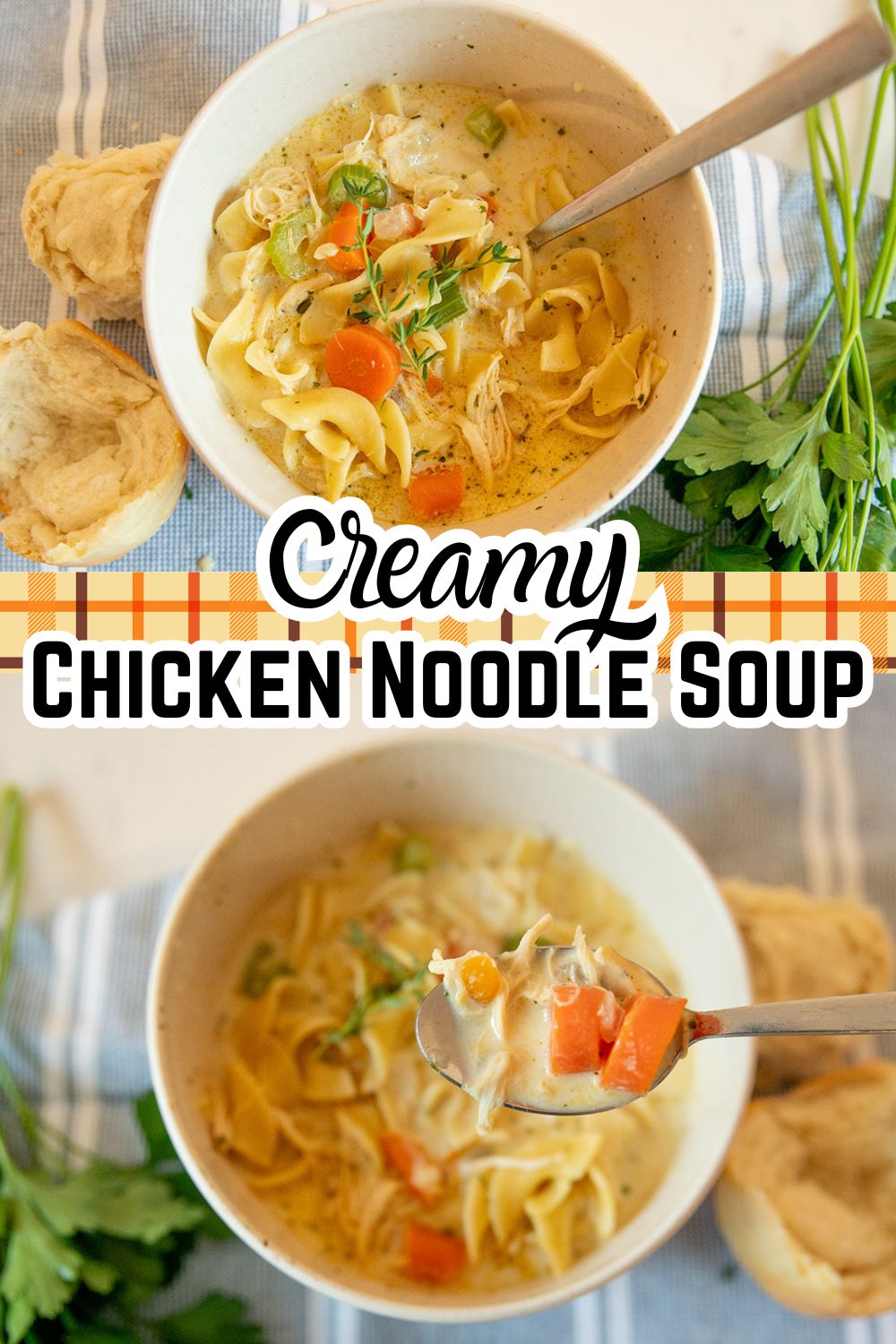 creamy chicken noodle soup with text