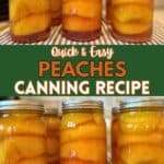 Several quart-sized glass mason jars filled with homemade canned peach halves in a clear, light sugar syrup, resting on a clean towel on a kitchen counter next to a water bath canner. The golden peach halves are neatly packed facing down, showing a beautiful, orange color.
