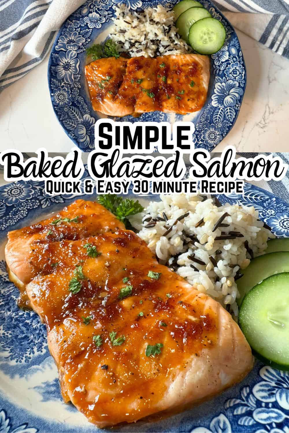 baked glazed salmon plated on blue plate with rice and sliced cucumbers. With text and enlarged to show texture