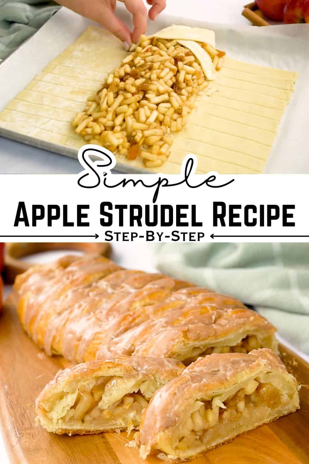 making apple strudel recipe, and finished apple strudel with text