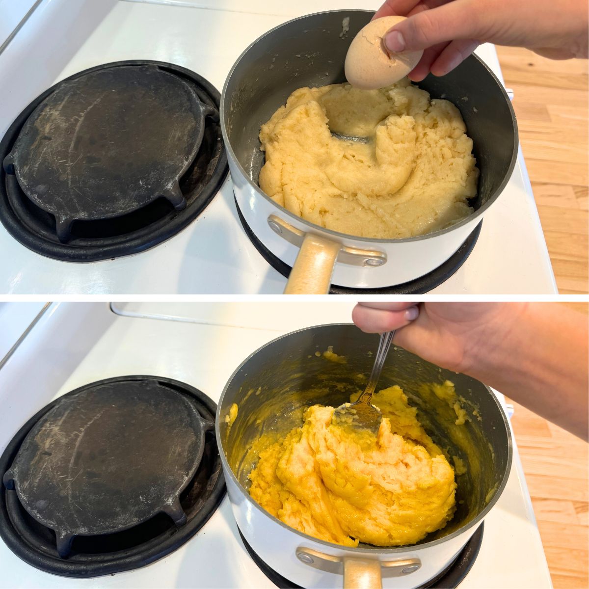 beat eggs into the flour mixture till smooth dough forms