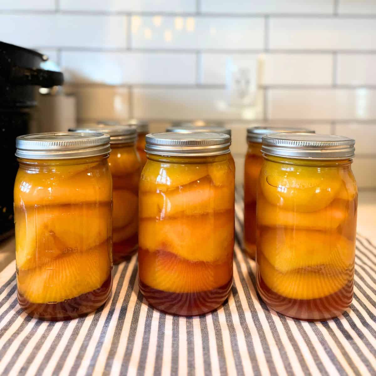 canned peaches on towel on counter by water bath canner. Half Peaches are peeled and seeded then canned in a light sugar water syrup.