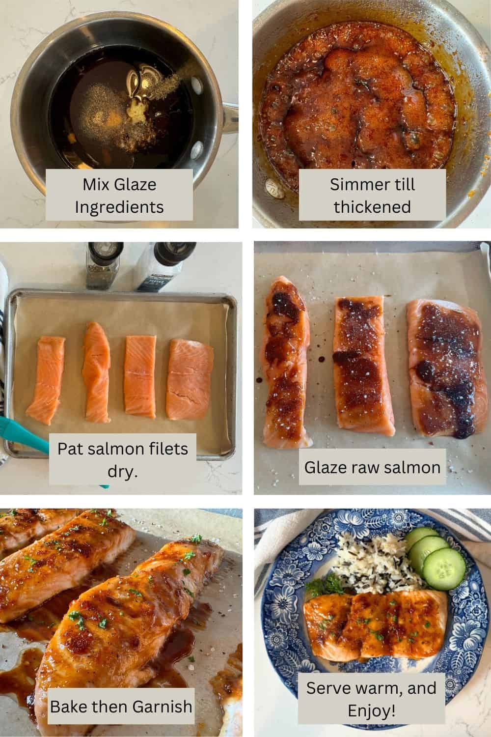 how to make: simmer glaze till thick, pat filets dry, glaze salmon, bake at 400 degrees F to 150 F internal temp, garnish with course salt & pepper and chopped parsley, serve warm