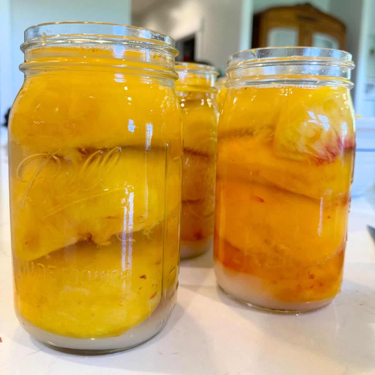 peaches packed in jars with sugar lemon juice and water