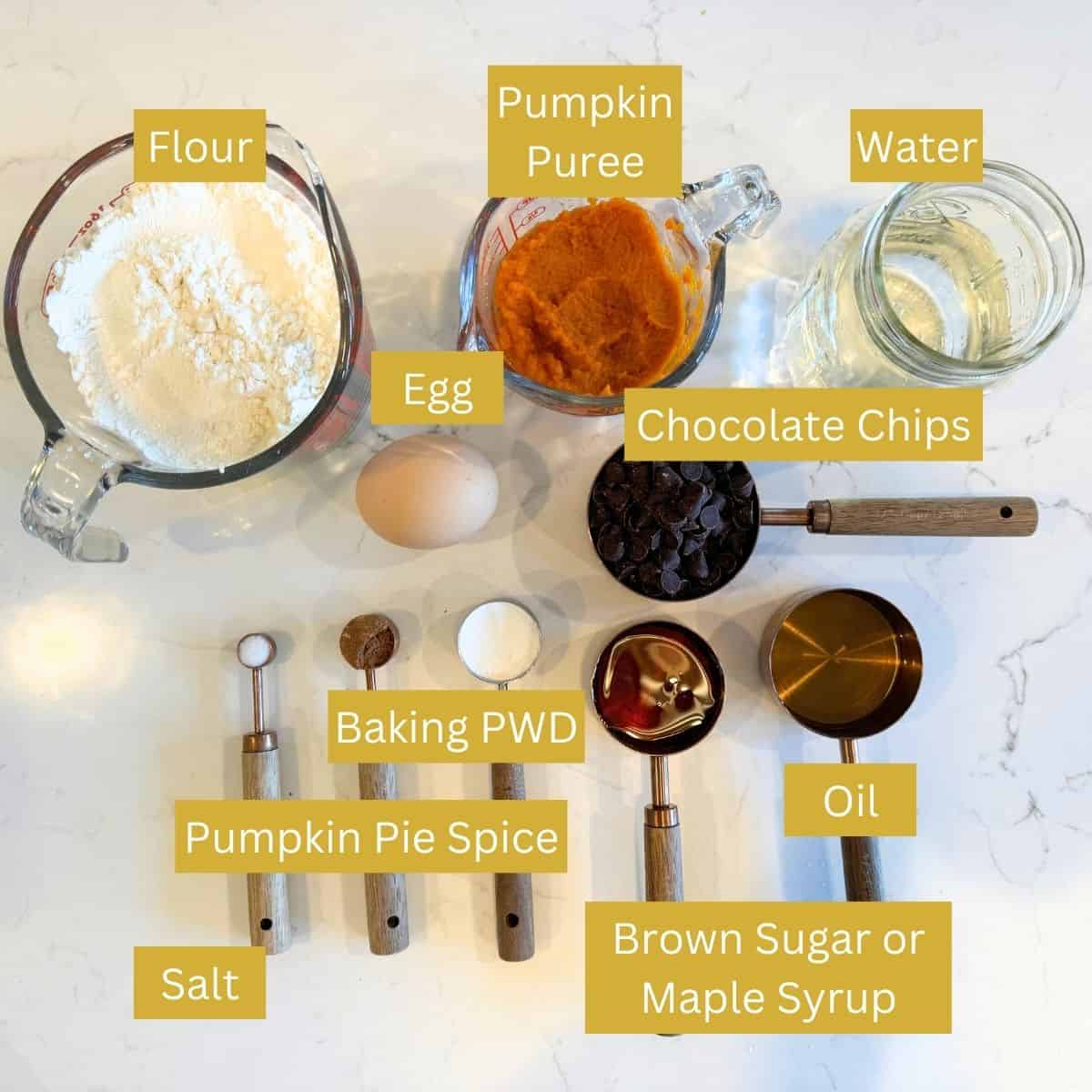 pumpkin pancake ingredients Flour, pumpkin puree, water, egg, chocolate chips, salt, bpumpkin pie spice, baking powder, brown sugar or maple syrup, oil