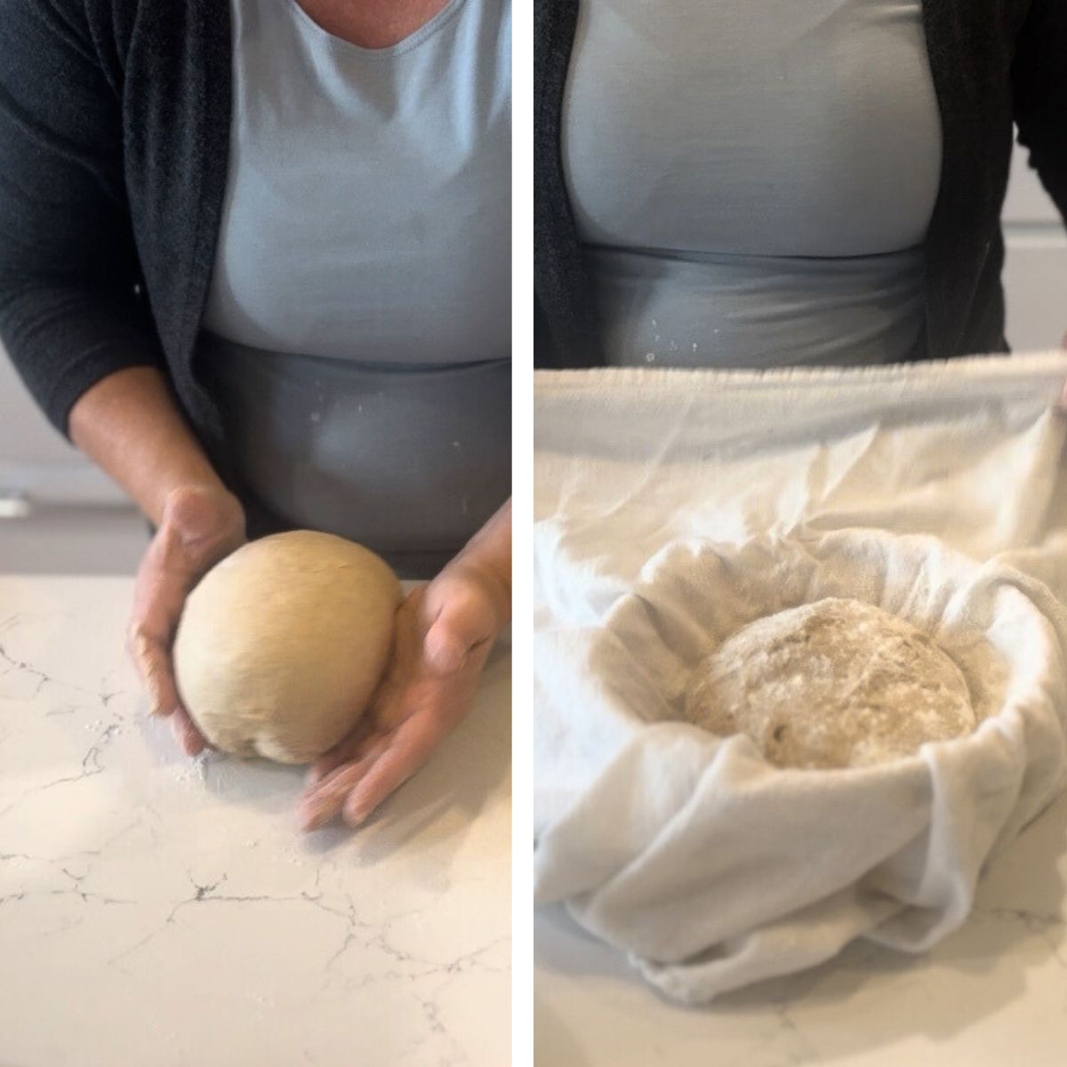 shape boule, place in flour dusted banneton basket with flour dusted. Cover with towel. And Refrigerate towel