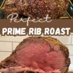 prime rib roast in roasting pan with text and sliced open to show center