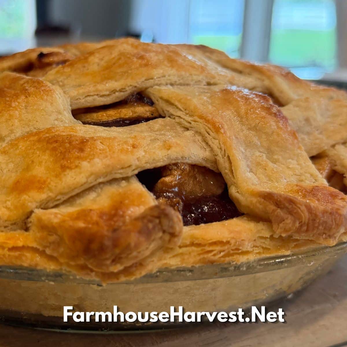 flaky pie crust (from this recipe) up close to show flaky layers with farmhouseharvest.net at bottom for branding