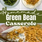 homemade green bean casserole with steps steamed green beans, ingredients in bowl, casserole baked with text
